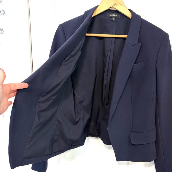 Express Navy Cropped Blazer Jacket Women’s 14 Hook & Eye Stretch Soft Pockets - Picture 6 of 15